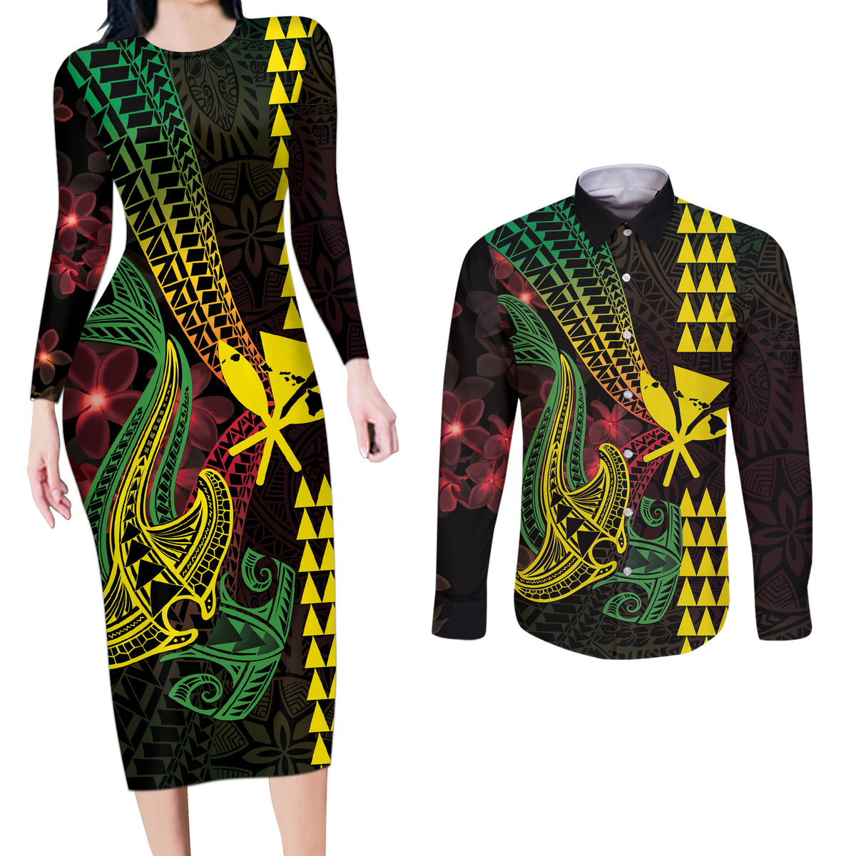 Hawaii Kakau Hammerhead Shark Couples Matching Long Sleeve Bodycon Dress and Long Sleeve Button Shirt Neon Plumeria Pattern LT01 Black - Polynesian Pride