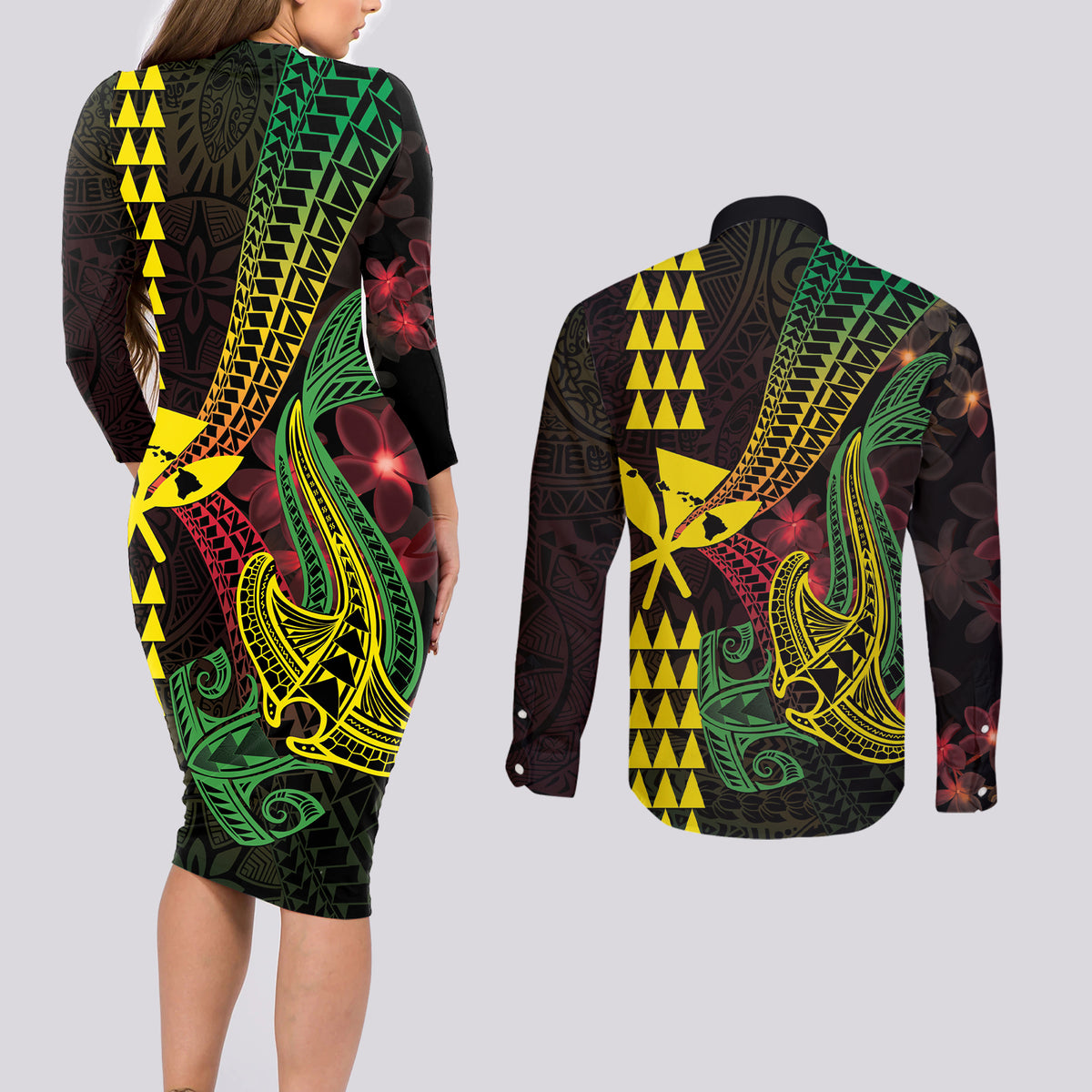 Hawaii Kakau Hammerhead Shark Couples Matching Long Sleeve Bodycon Dress and Long Sleeve Button Shirt Neon Plumeria Pattern LT01 - Polynesian Pride