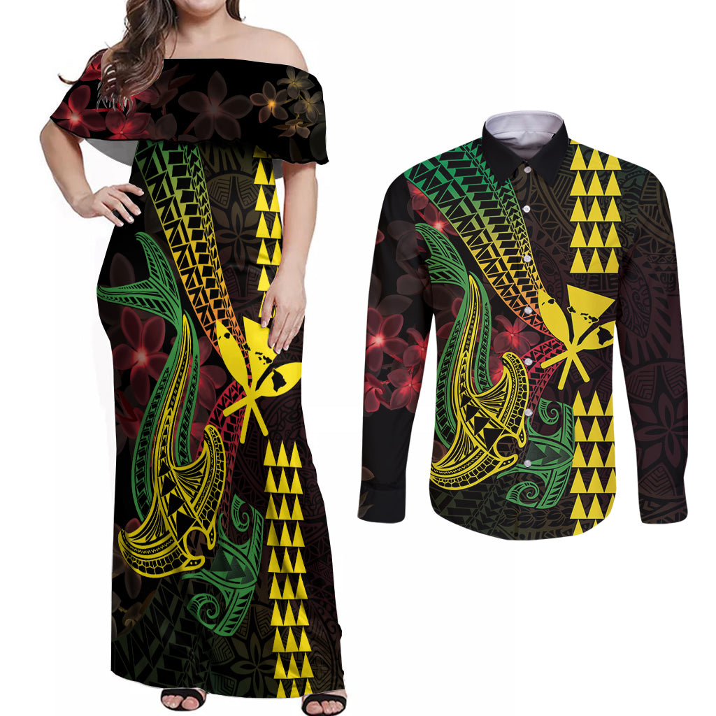 Hawaii Kakau Hammerhead Shark Couples Matching Off Shoulder Maxi Dress and Long Sleeve Button Shirt Neon Plumeria Pattern LT01 Black - Polynesian Pride