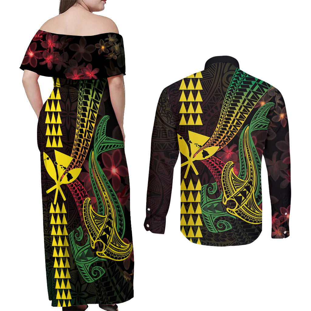 Hawaii Kakau Hammerhead Shark Couples Matching Off Shoulder Maxi Dress and Long Sleeve Button Shirt Neon Plumeria Pattern LT01 - Polynesian Pride