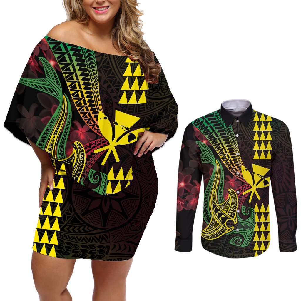 Hawaii Kakau Hammerhead Shark Couples Matching Off Shoulder Short Dress and Long Sleeve Button Shirt Neon Plumeria Pattern LT01 Black - Polynesian Pride