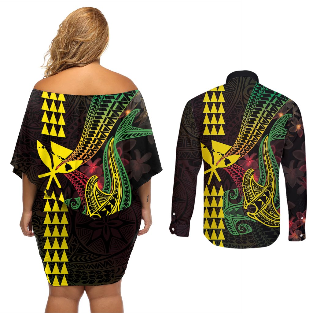 Hawaii Kakau Hammerhead Shark Couples Matching Off Shoulder Short Dress and Long Sleeve Button Shirt Neon Plumeria Pattern LT01 - Polynesian Pride