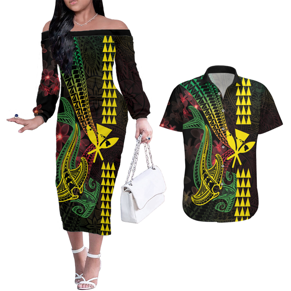 Hawaii Kakau Hammerhead Shark Couples Matching Off The Shoulder Long Sleeve Dress and Hawaiian Shirt Neon Plumeria Pattern LT01 Black - Polynesian Pride