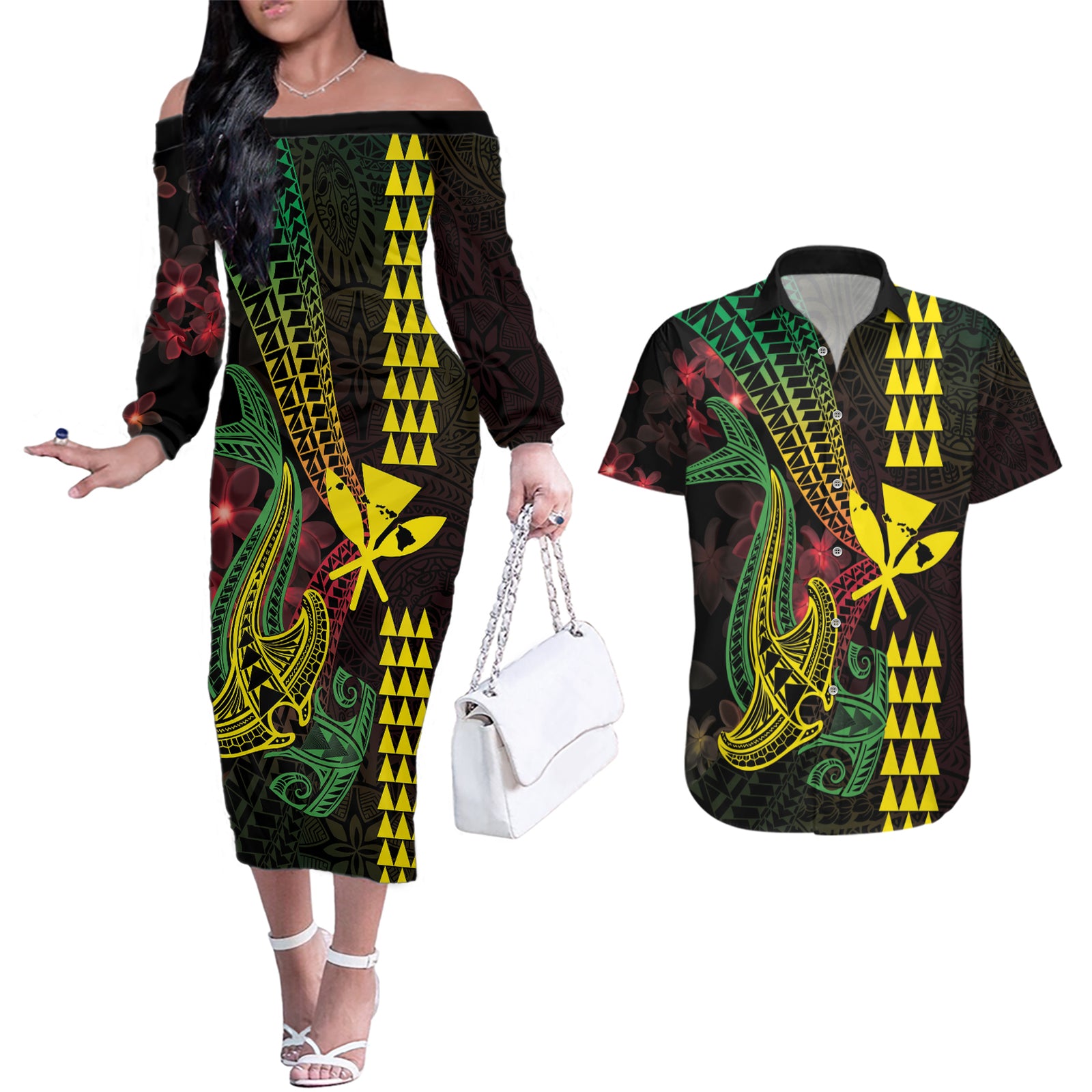Hawaii Kakau Hammerhead Shark Couples Matching Off The Shoulder Long Sleeve Dress and Hawaiian Shirt Neon Plumeria Pattern LT01 Black - Polynesian Pride