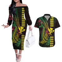 Hawaii Kakau Hammerhead Shark Couples Matching Off The Shoulder Long Sleeve Dress and Hawaiian Shirt Neon Plumeria Pattern LT01 Black - Polynesian Pride