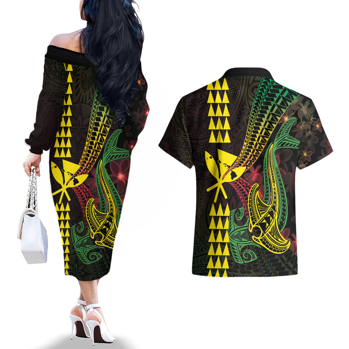 Hawaii Kakau Hammerhead Shark Couples Matching Off The Shoulder Long Sleeve Dress and Hawaiian Shirt Neon Plumeria Pattern LT01 - Polynesian Pride