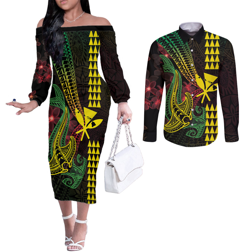 Hawaii Kakau Hammerhead Shark Couples Matching Off The Shoulder Long Sleeve Dress and Long Sleeve Button Shirt Neon Plumeria Pattern LT01 Black - Polynesian Pride