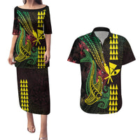Hawaii Kakau Hammerhead Shark Couples Matching Puletasi and Hawaiian Shirt Neon Plumeria Pattern LT01 Black - Polynesian Pride