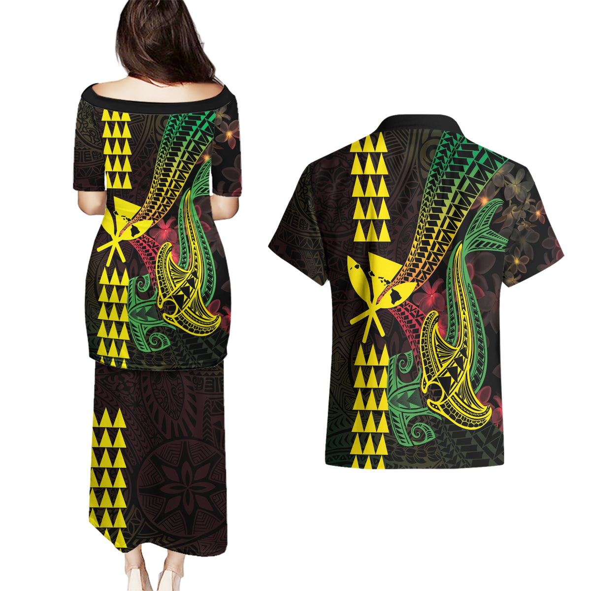 Hawaii Kakau Hammerhead Shark Couples Matching Puletasi and Hawaiian Shirt Neon Plumeria Pattern LT01 - Polynesian Pride