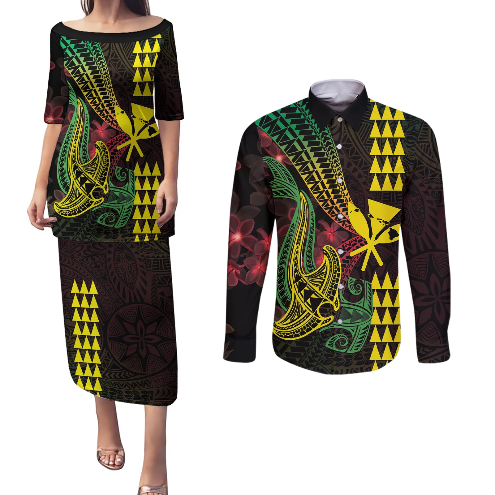 Hawaii Kakau Hammerhead Shark Couples Matching Puletasi and Long Sleeve Button Shirt Neon Plumeria Pattern LT01 Black - Polynesian Pride