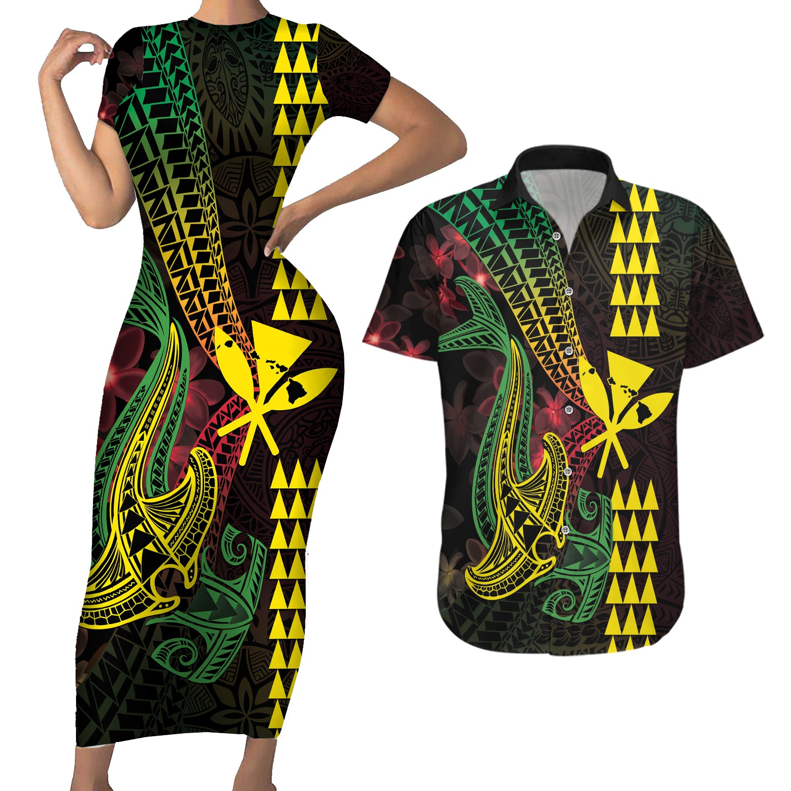 Hawaii Kakau Hammerhead Shark Couples Matching Short Sleeve Bodycon Dress and Hawaiian Shirt Neon Plumeria Pattern