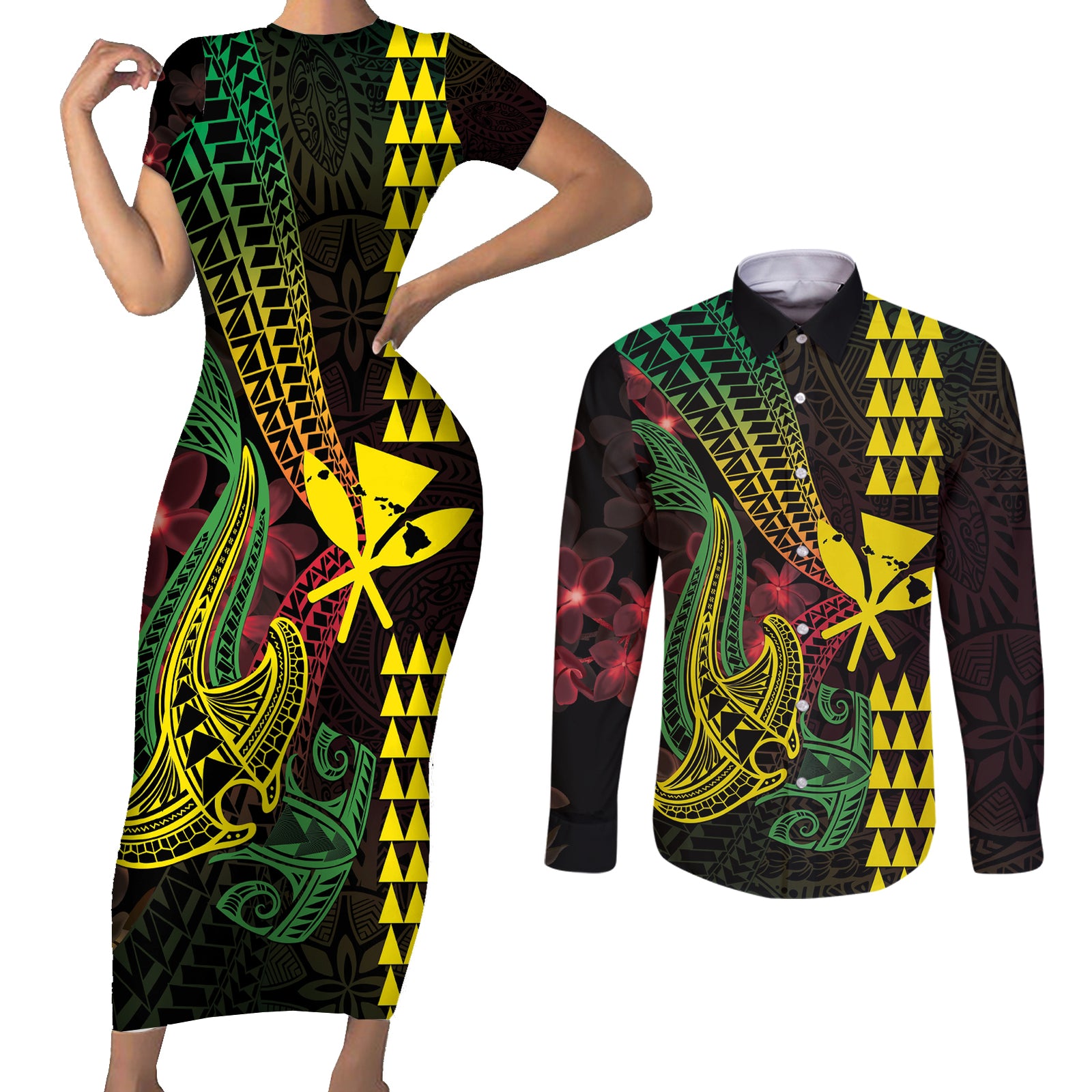 Hawaii Kakau Hammerhead Shark Couples Matching Short Sleeve Bodycon Dress and Long Sleeve Button Shirt Neon Plumeria Pattern LT01 Black - Polynesian Pride