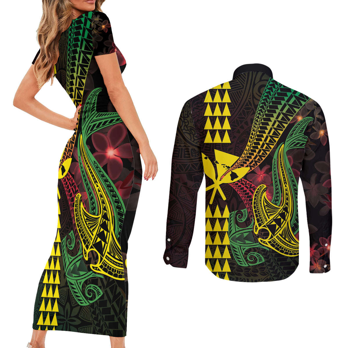Hawaii Kakau Hammerhead Shark Couples Matching Short Sleeve Bodycon Dress and Long Sleeve Button Shirt Neon Plumeria Pattern LT01 - Polynesian Pride