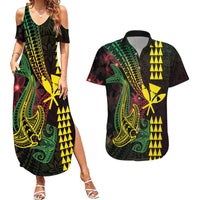 Hawaii Kakau Hammerhead Shark Couples Matching Summer Maxi Dress and Hawaiian Shirt Neon Plumeria Pattern LT01 Black - Polynesian Pride