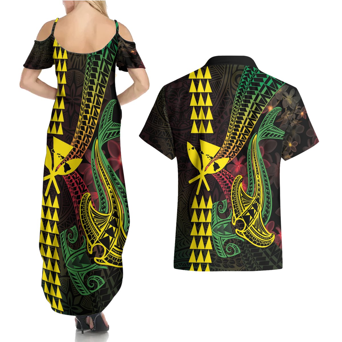 Hawaii Kakau Hammerhead Shark Couples Matching Summer Maxi Dress and Hawaiian Shirt Neon Plumeria Pattern LT01 - Polynesian Pride