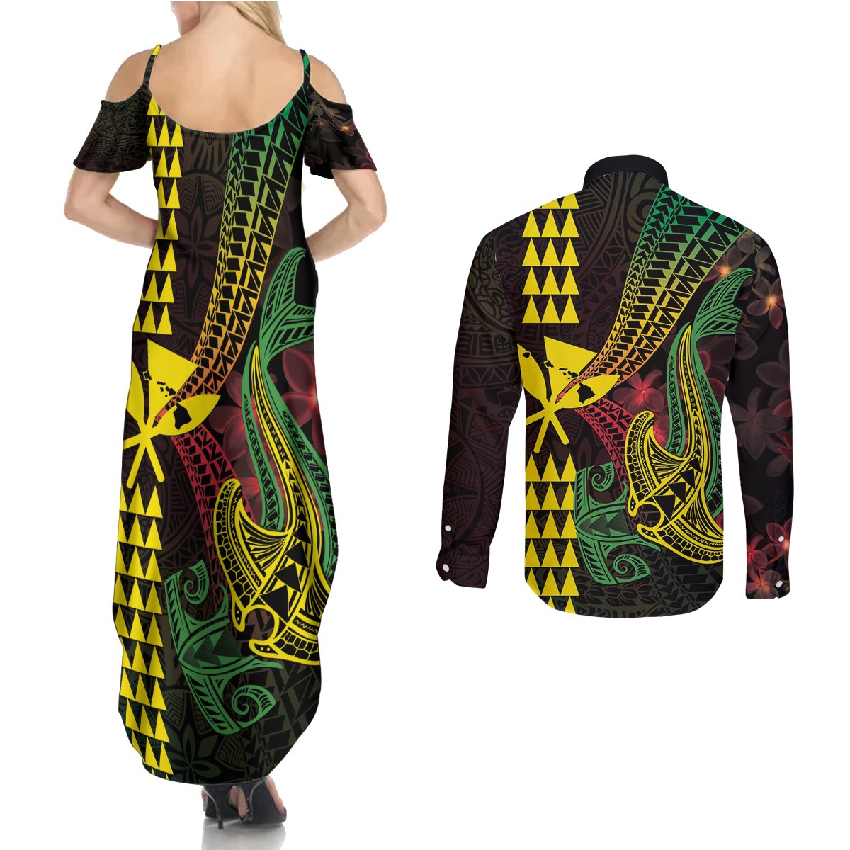 Hawaii Kakau Hammerhead Shark Couples Matching Summer Maxi Dress and Long Sleeve Button Shirt Neon Plumeria Pattern LT01 - Polynesian Pride
