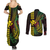 Hawaii Kakau Hammerhead Shark Couples Matching Summer Maxi Dress and Long Sleeve Button Shirt Neon Plumeria Pattern LT01 - Polynesian Pride