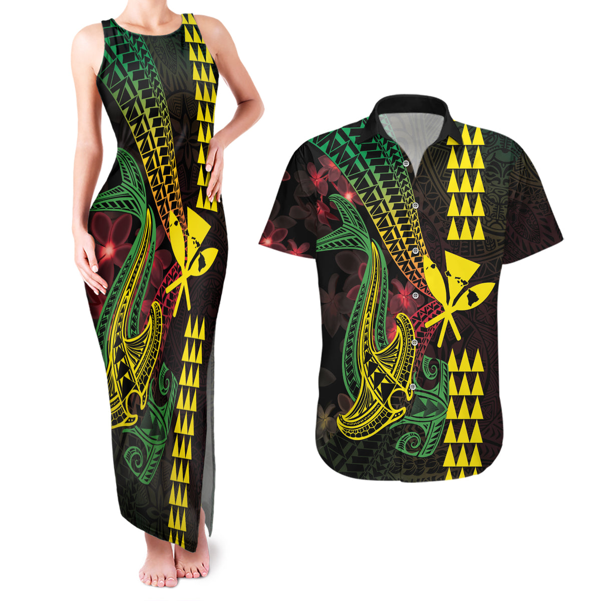 Hawaii Kakau Hammerhead Shark Couples Matching Tank Maxi Dress and Hawaiian Shirt Neon Plumeria Pattern LT01 Black - Polynesian Pride