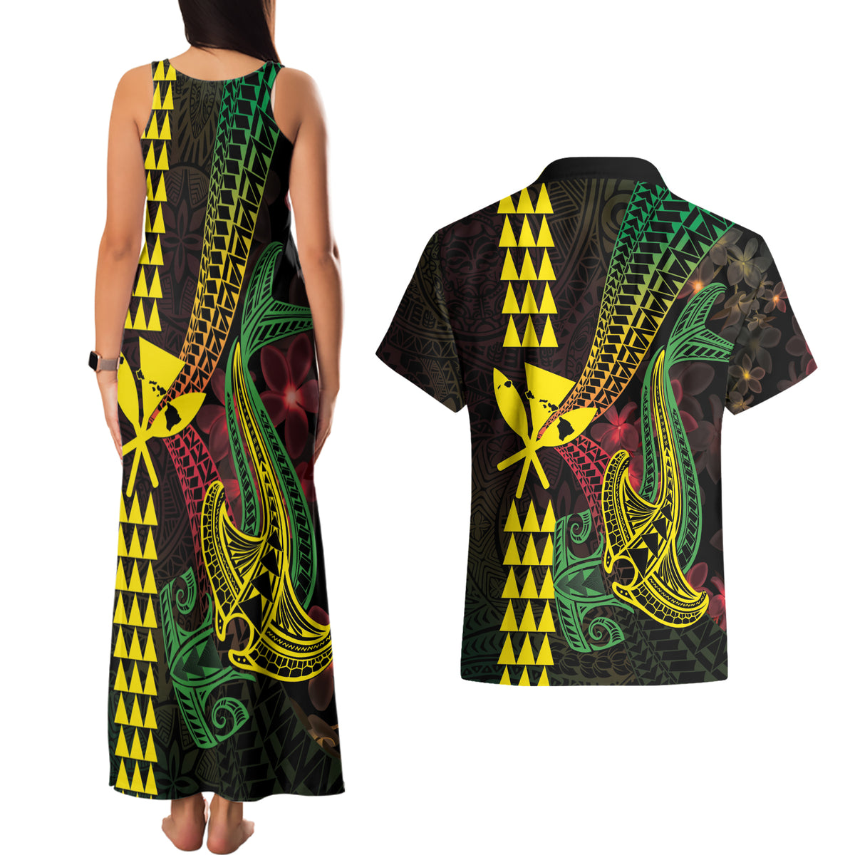 Hawaii Kakau Hammerhead Shark Couples Matching Tank Maxi Dress and Hawaiian Shirt Neon Plumeria Pattern LT01 - Polynesian Pride