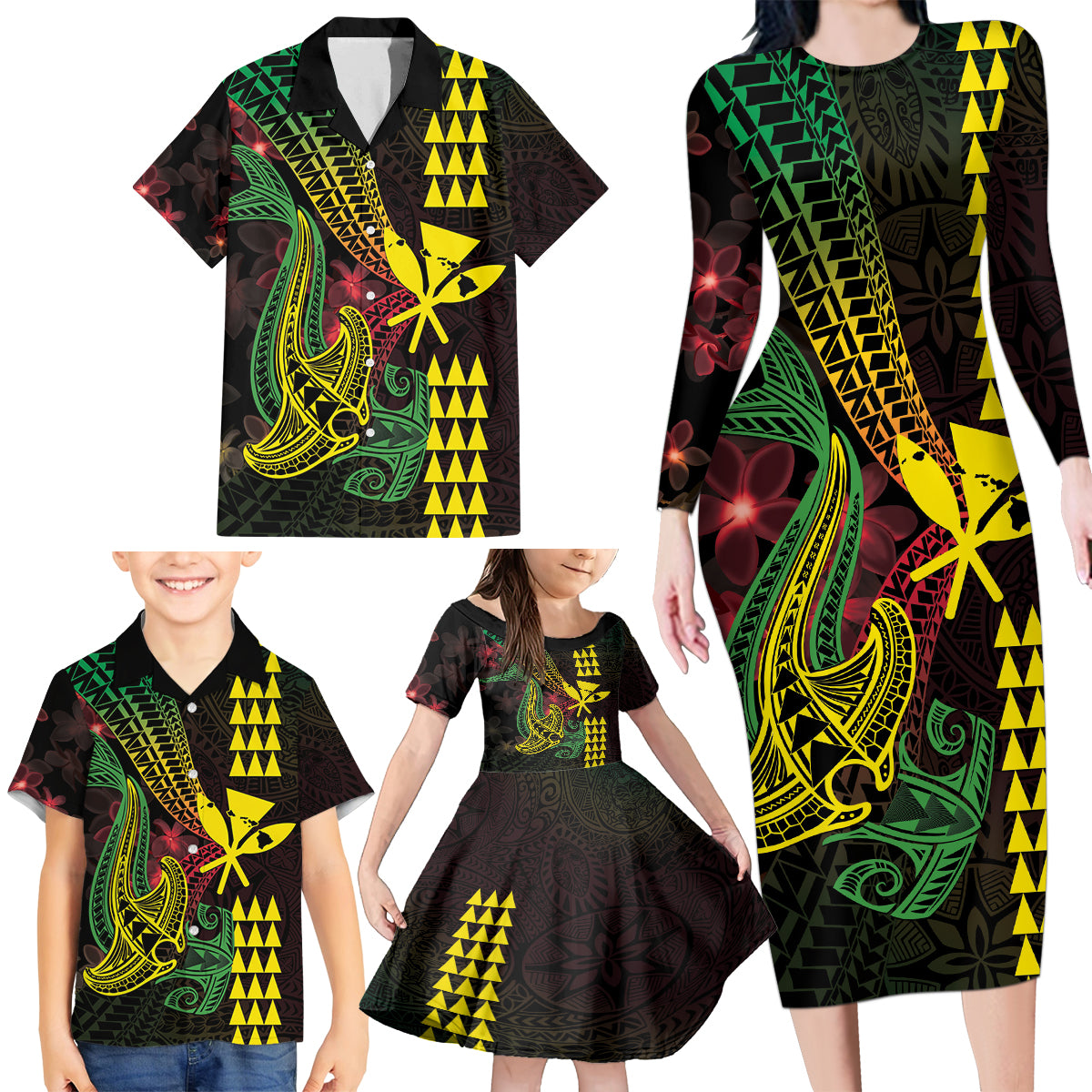 Hawaii Kakau Hammerhead Shark Family Matching Long Sleeve Bodycon Dress and Hawaiian Shirt Neon Plumeria Pattern