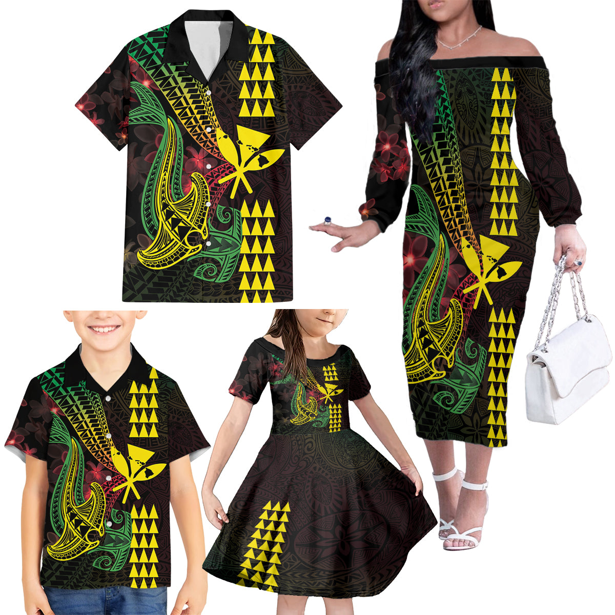 Hawaii Kakau Hammerhead Shark Family Matching Off The Shoulder Long Sleeve Dress and Hawaiian Shirt Neon Plumeria Pattern