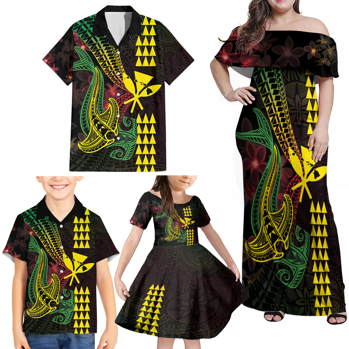 Hawaii Kakau Hammerhead Shark Family Matching Off Shoulder Maxi Dress and Hawaiian Shirt Neon Plumeria Pattern