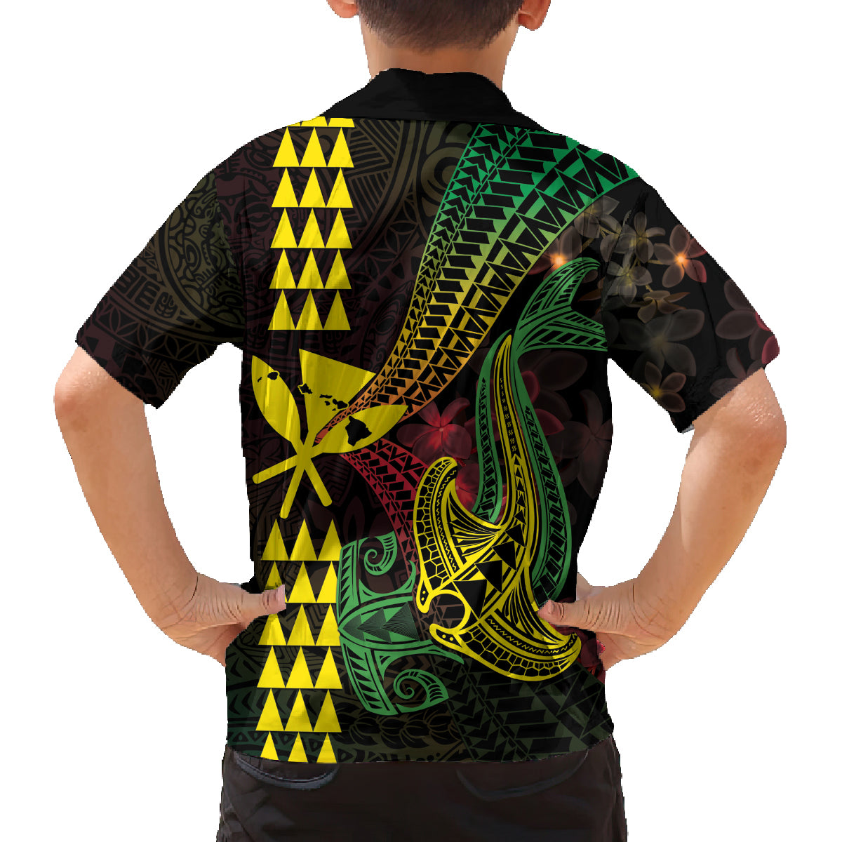 Hawaii Kakau Hammerhead Shark Family Matching Off Shoulder Short Dress and Hawaiian Shirt Neon Plumeria Pattern LT01 - Polynesian Pride