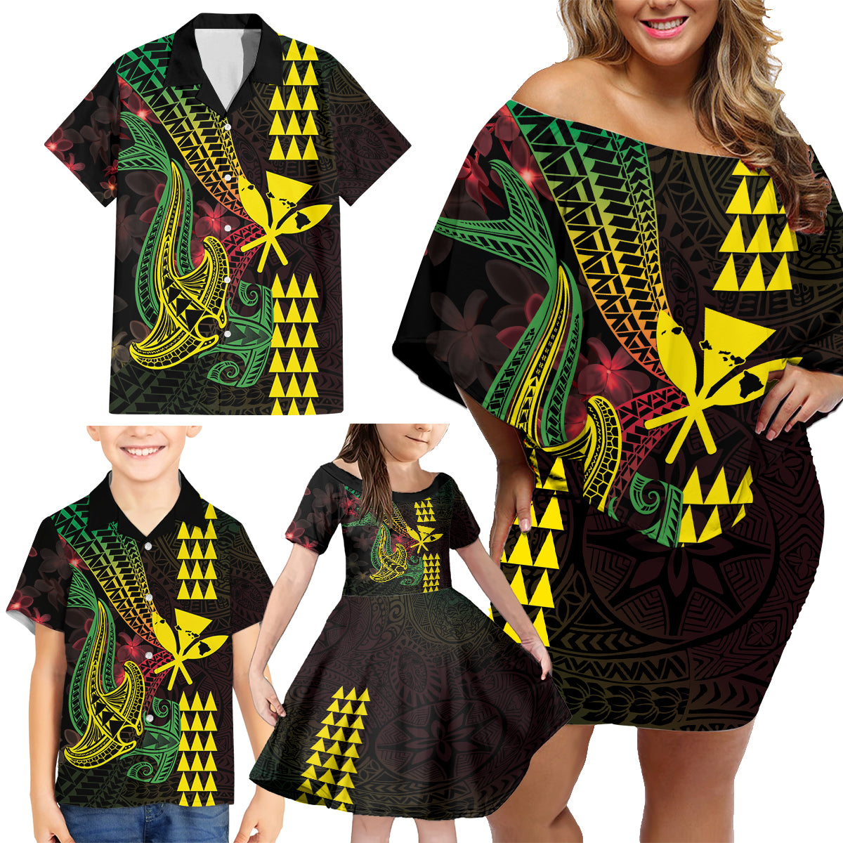 Hawaii Kakau Hammerhead Shark Family Matching Off Shoulder Short Dress and Hawaiian Shirt Neon Plumeria Pattern