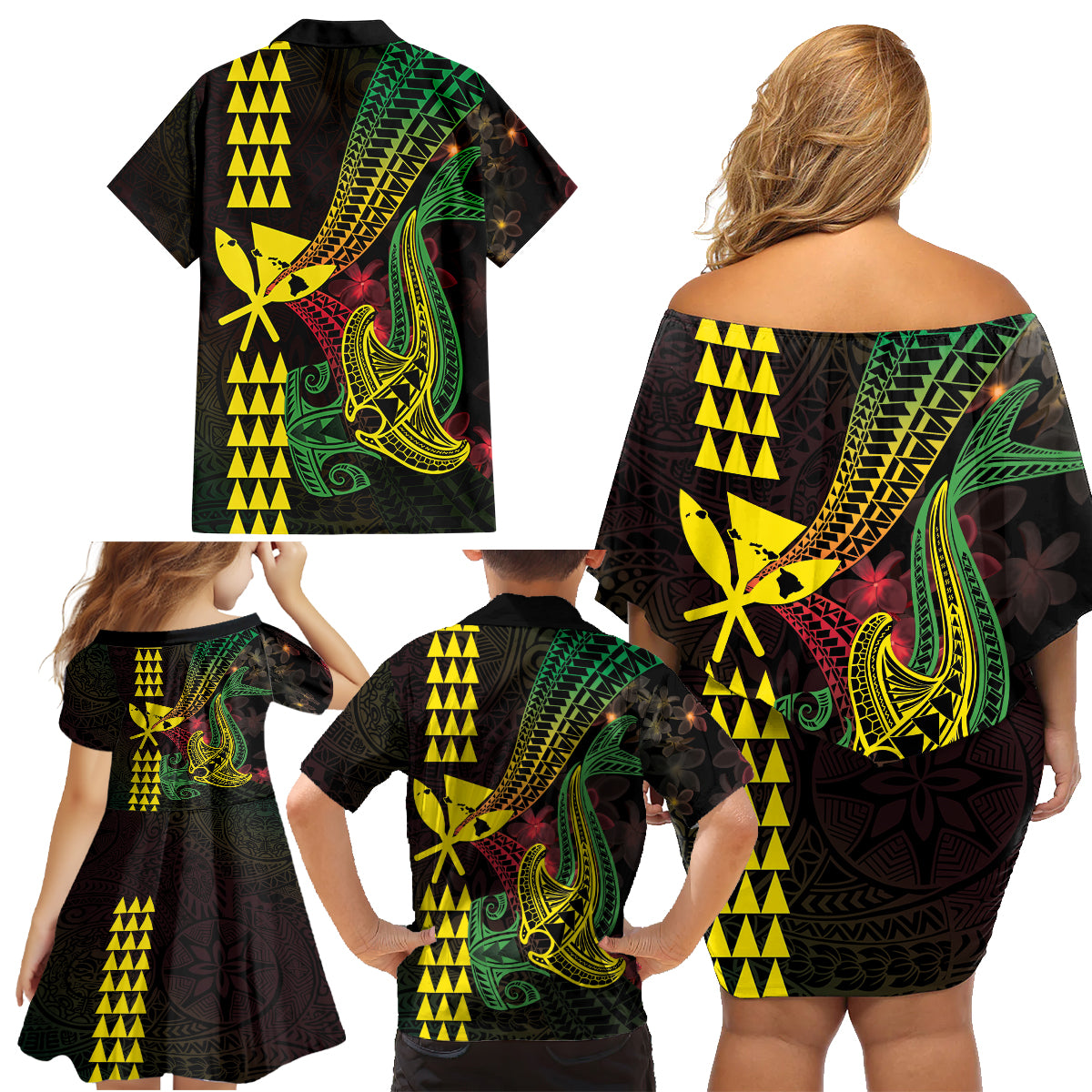 Hawaii Kakau Hammerhead Shark Family Matching Off Shoulder Short Dress and Hawaiian Shirt Neon Plumeria Pattern LT01 - Polynesian Pride