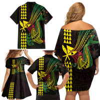 Hawaii Kakau Hammerhead Shark Family Matching Off Shoulder Short Dress and Hawaiian Shirt Neon Plumeria Pattern LT01 - Polynesian Pride