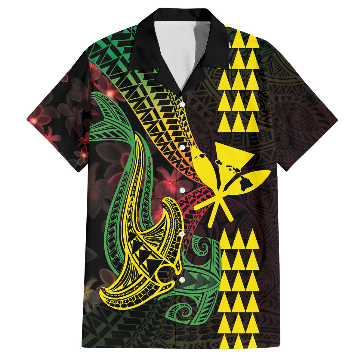 Hawaii Kakau Hammerhead Shark Family Matching Off Shoulder Short Dress and Hawaiian Shirt Neon Plumeria Pattern LT01 Dad's Shirt - Short Sleeve Black - Polynesian Pride