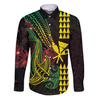 Hawaii Kakau Hammerhead Shark Family Matching Off Shoulder Short Dress and Hawaiian Shirt Neon Plumeria Pattern LT01 Dad's Shirt - Long Sleeve Black - Polynesian Pride