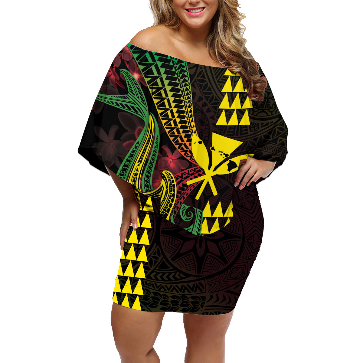 Hawaii Kakau Hammerhead Shark Family Matching Off Shoulder Short Dress and Hawaiian Shirt Neon Plumeria Pattern LT01 Mom's Dress Black - Polynesian Pride