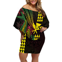 Hawaii Kakau Hammerhead Shark Family Matching Off Shoulder Short Dress and Hawaiian Shirt Neon Plumeria Pattern LT01 Mom's Dress Black - Polynesian Pride