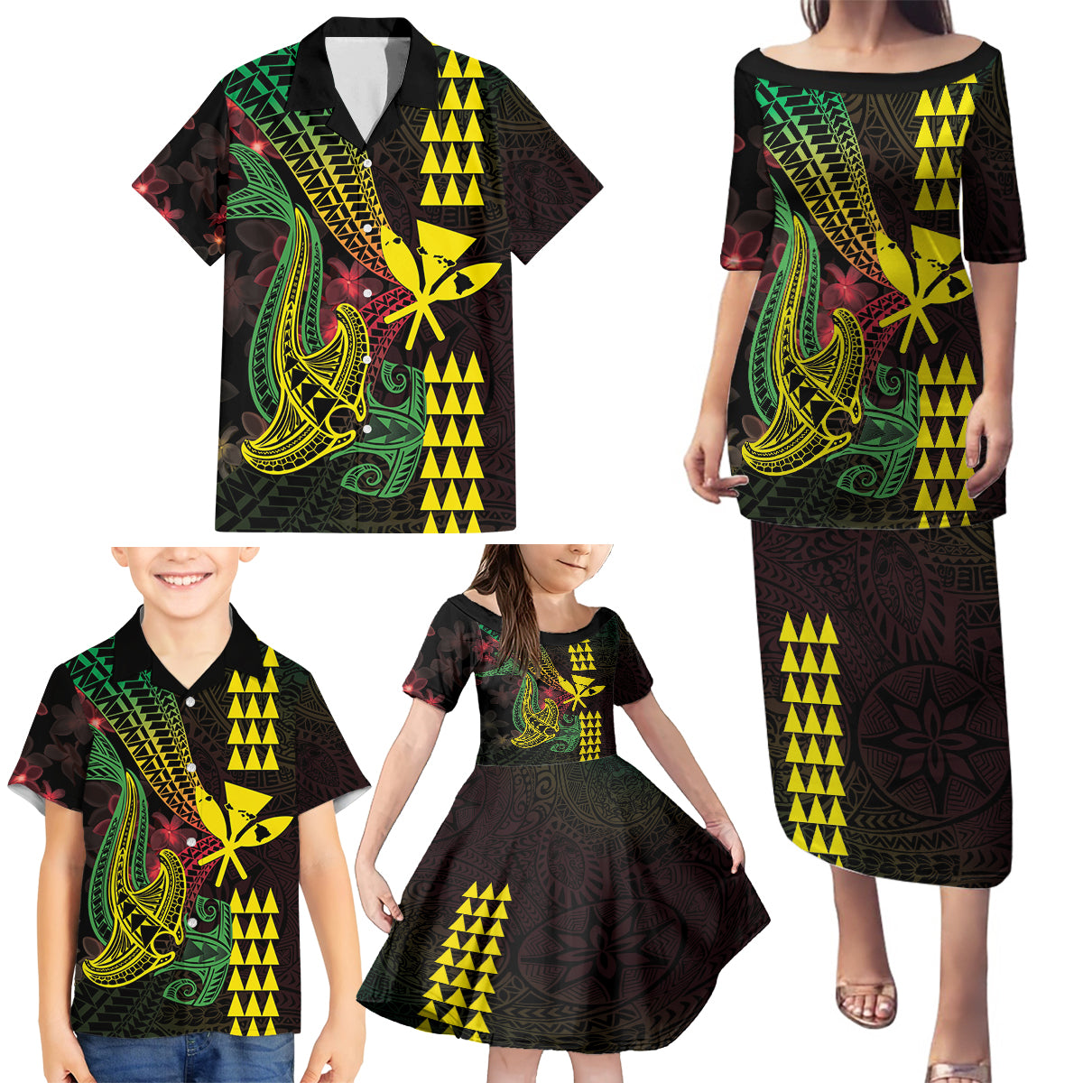 Hawaii Kakau Hammerhead Shark Family Matching Puletasi and Hawaiian Shirt Neon Plumeria Pattern