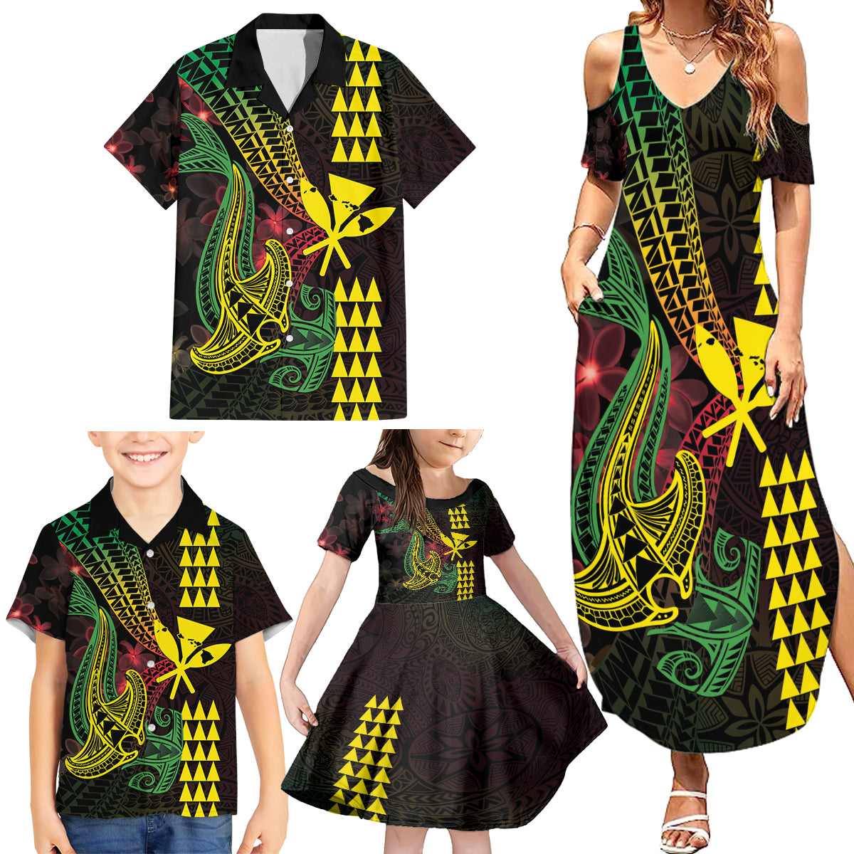 Hawaii Kakau Hammerhead Shark Family Matching Summer Maxi Dress and Hawaiian Shirt Neon Plumeria Pattern