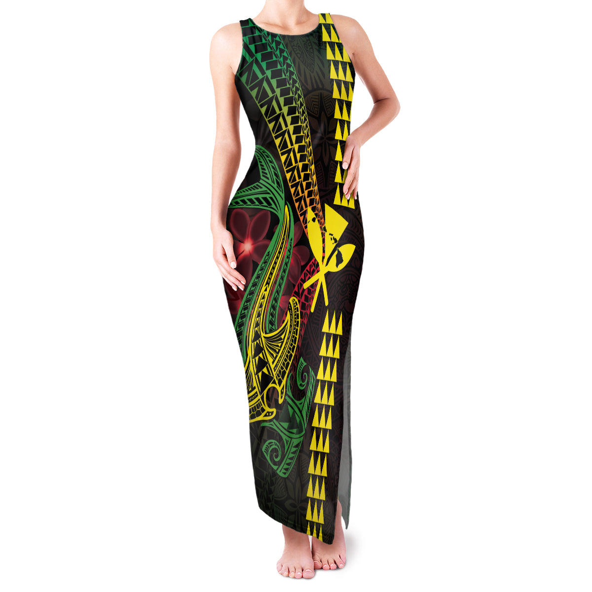 Hawaii Kakau Hammerhead Shark Family Matching Tank Maxi Dress and Hawaiian Shirt Neon Plumeria Pattern