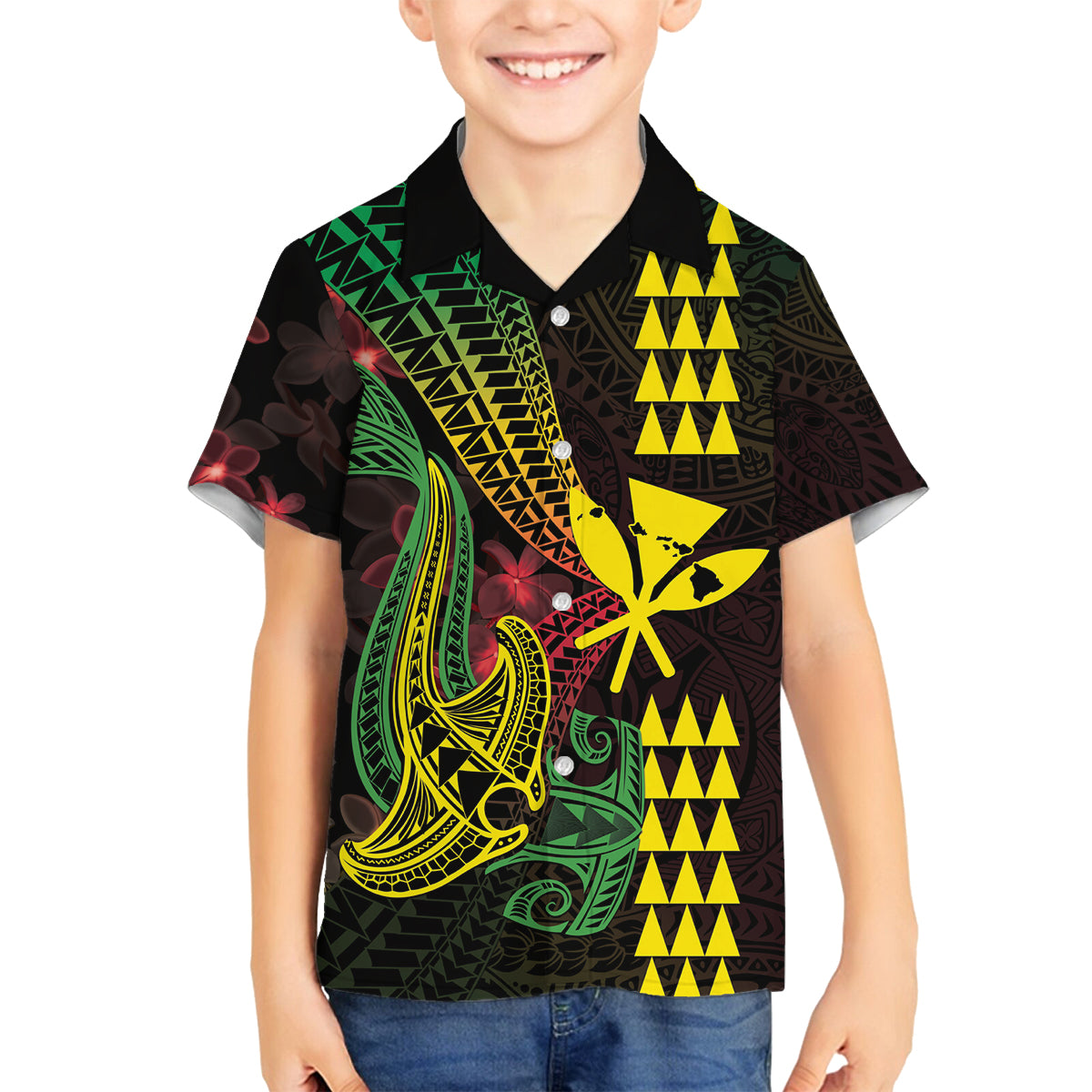 Hawaii Kakau Hammerhead Shark Family Matching Tank Maxi Dress and Hawaiian Shirt Neon Plumeria Pattern
