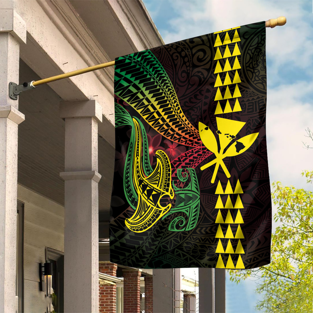 Hawaii Kakau Hammerhead Shark Garden Flag Neon Plumeria Pattern LT01 House Flag Black - Polynesian Pride