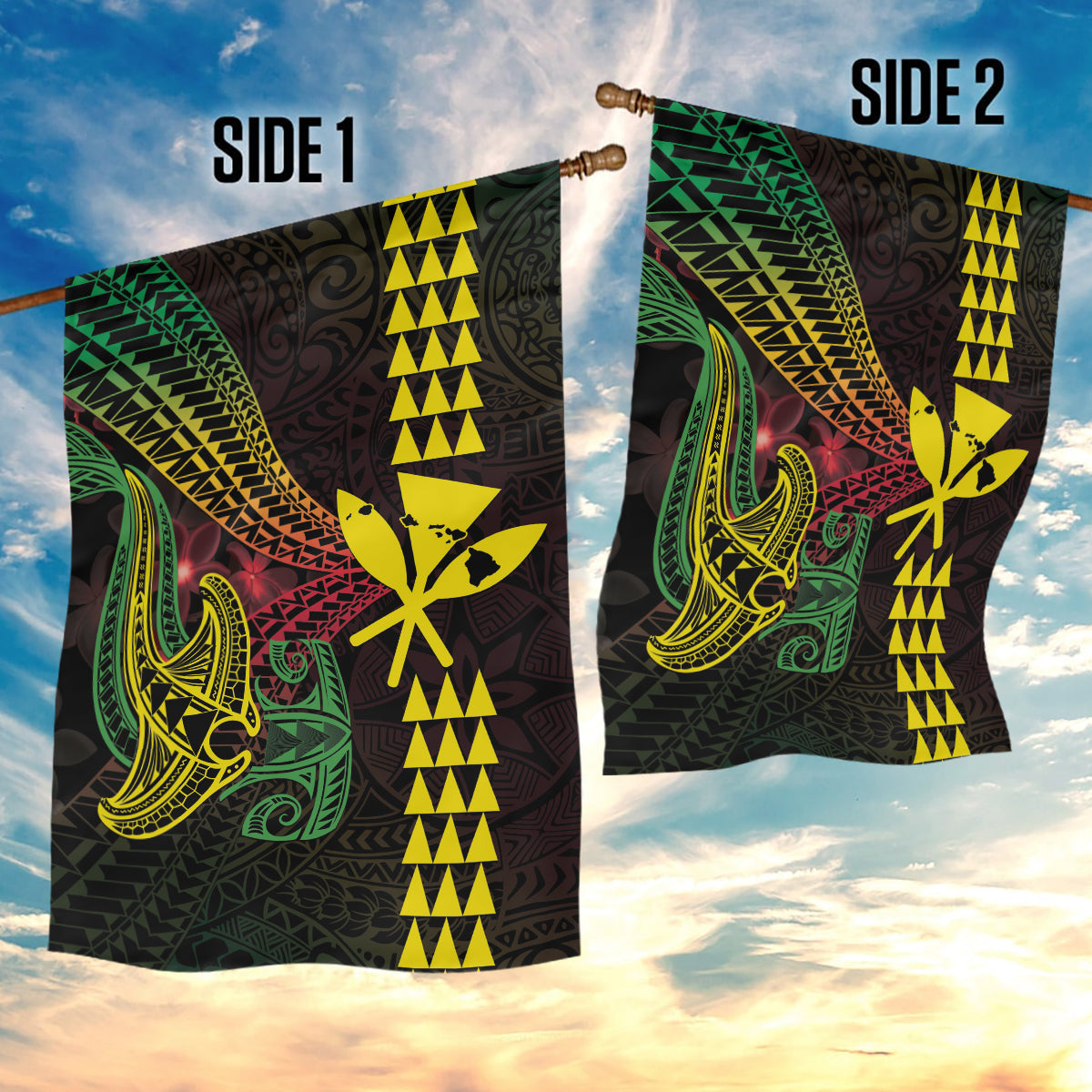 Hawaii Kakau Hammerhead Shark Garden Flag Neon Plumeria Pattern LT01 - Polynesian Pride