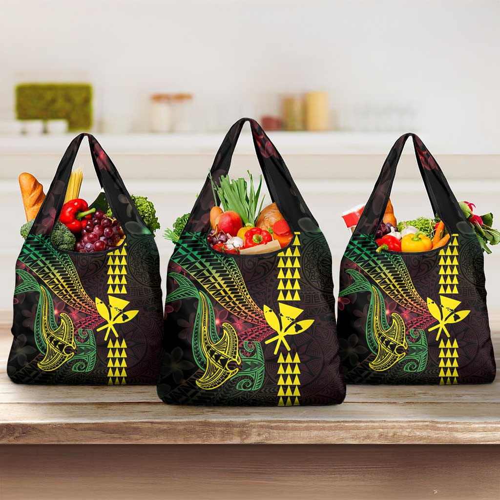 Hawaii Kakau Hammerhead Shark Grocery Bag Neon Plumeria Pattern LT01 3-pack One Size Black - Polynesian Pride