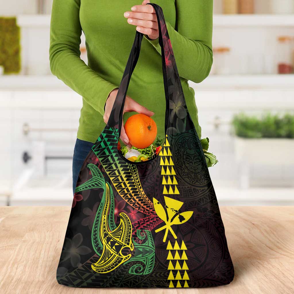 Hawaii Kakau Hammerhead Shark Grocery Bag Neon Plumeria Pattern LT01 - Polynesian Pride