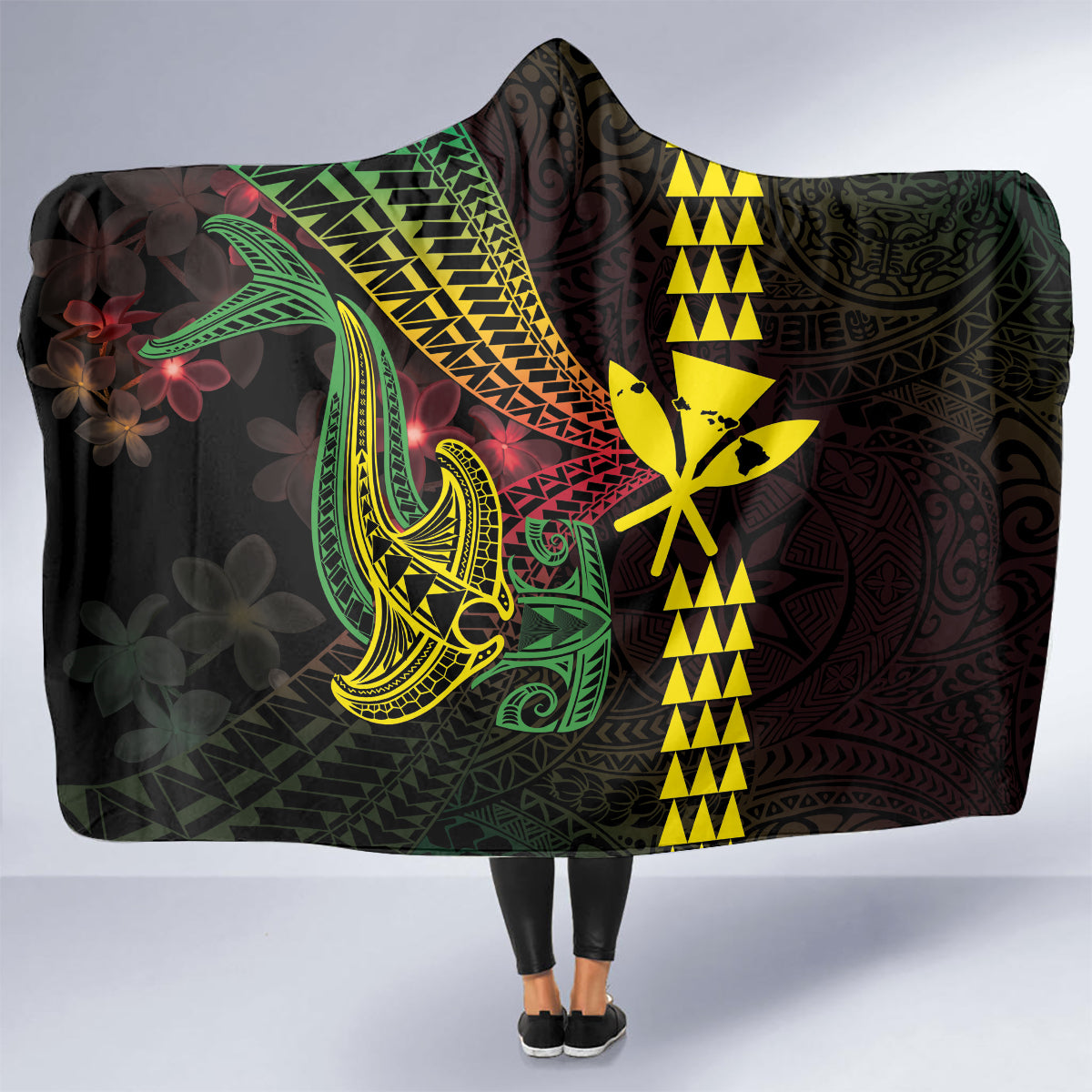 Hawaii Kakau Hammerhead Shark Hooded Blanket Neon Plumeria Pattern LT01 - Polynesian Pride