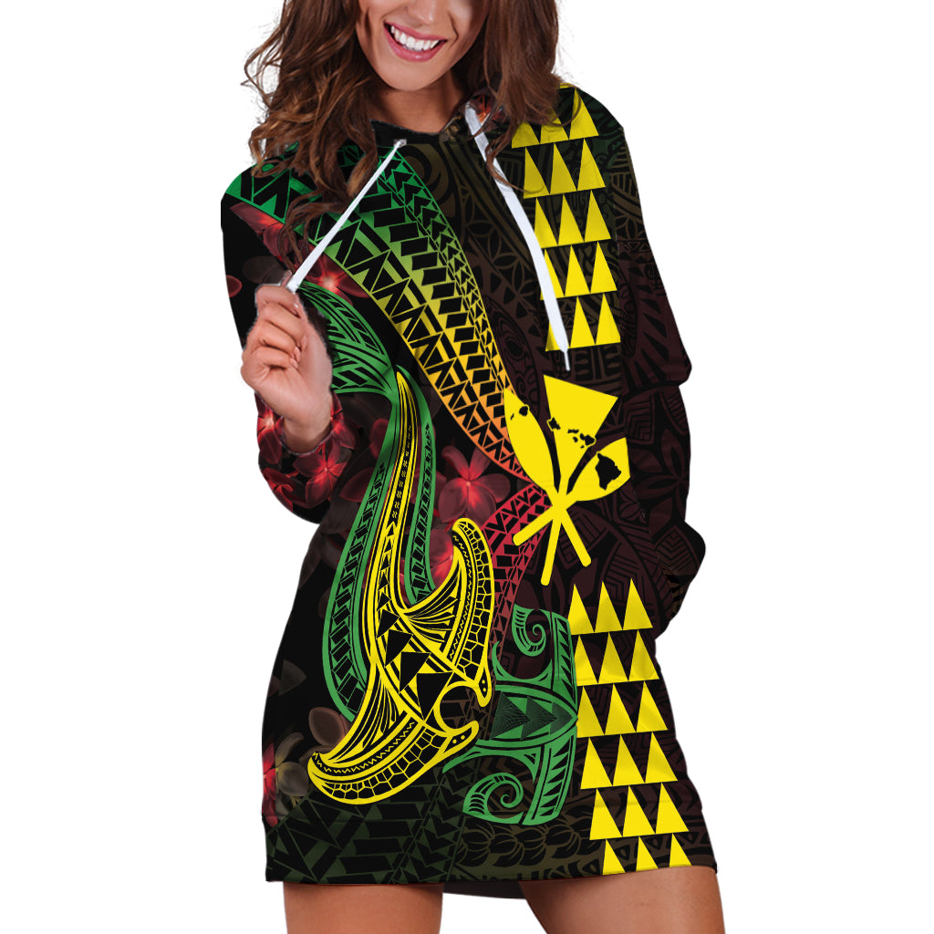 Hawaii Kakau Hammerhead Shark Hoodie Dress Neon Plumeria Pattern LT01 Black - Polynesian Pride