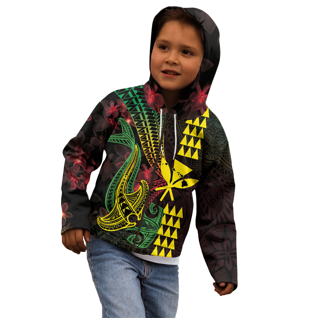 Hawaii Kakau Hammerhead Shark Kid Hoodie Neon Plumeria Pattern