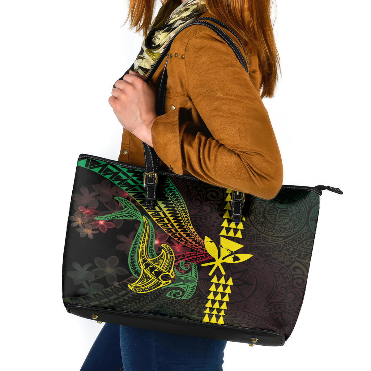 Hawaii Kakau Hammerhead Shark Leather Tote Bag Neon Plumeria Pattern LT01 Black - Polynesian Pride
