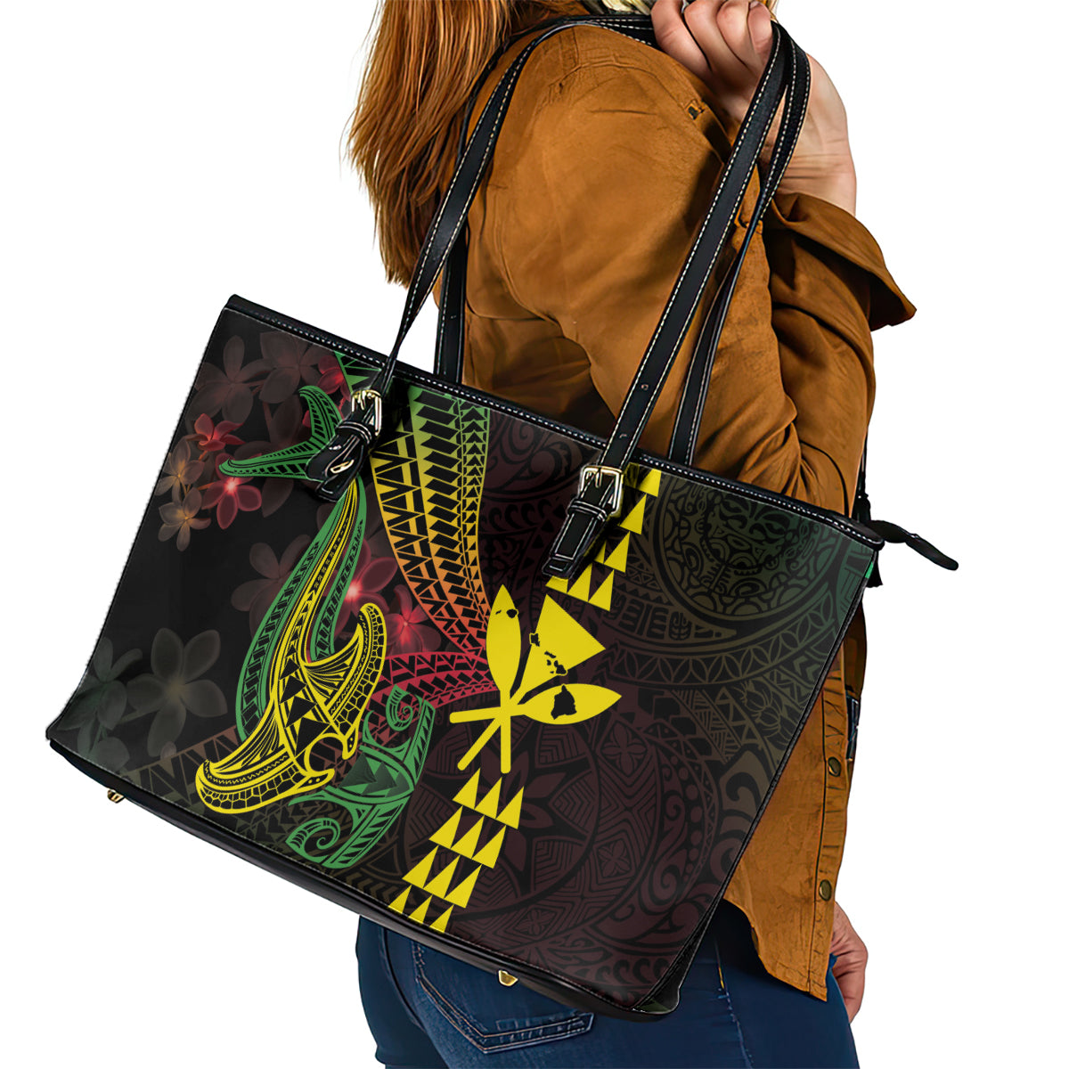 Hawaii Kakau Hammerhead Shark Leather Tote Bag Neon Plumeria Pattern LT01 - Polynesian Pride