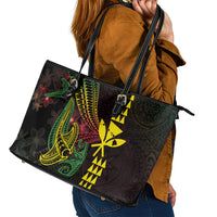 Hawaii Kakau Hammerhead Shark Leather Tote Bag Neon Plumeria Pattern LT01 - Polynesian Pride
