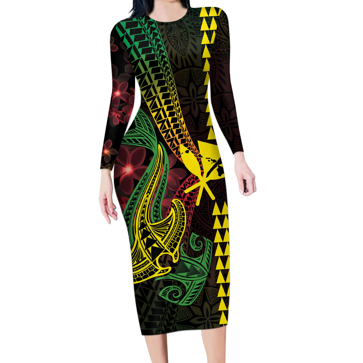 Hawaii Kakau Hammerhead Shark Long Sleeve Bodycon Dress Neon Plumeria Pattern