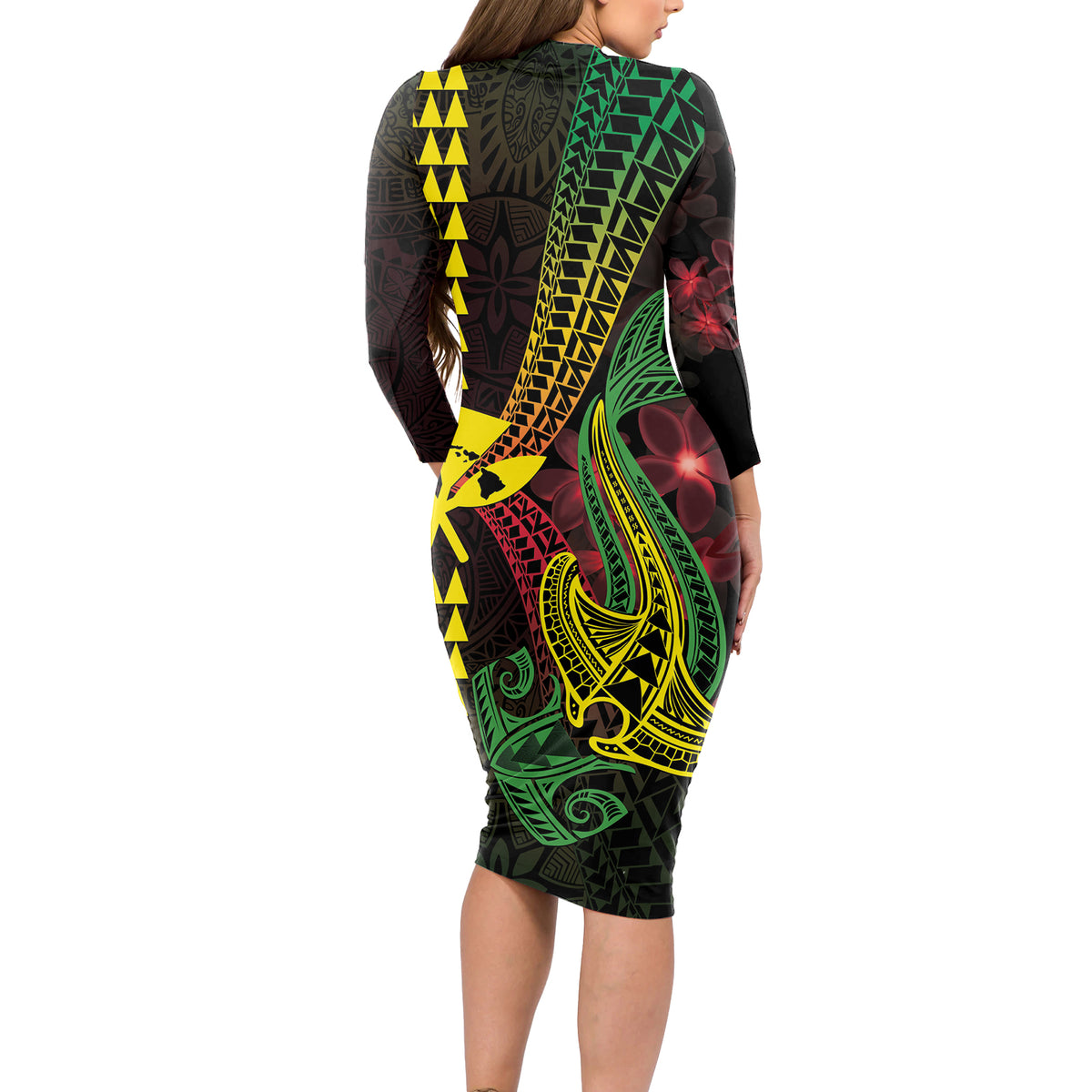 Hawaii Kakau Hammerhead Shark Long Sleeve Bodycon Dress Neon Plumeria Pattern